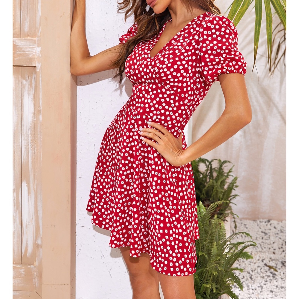 Red Ditsy Floral Puff Sleeve Fit & Flare Dress - Picture 5 of 6